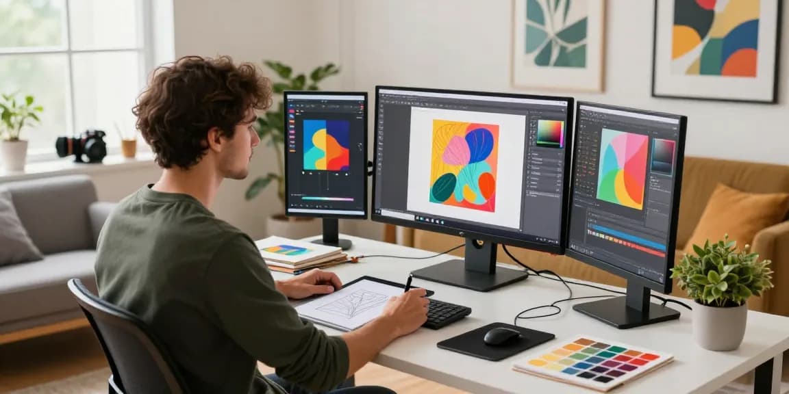 Creating stunning visuals with an AI image generator in a vibrant digital art studio.
