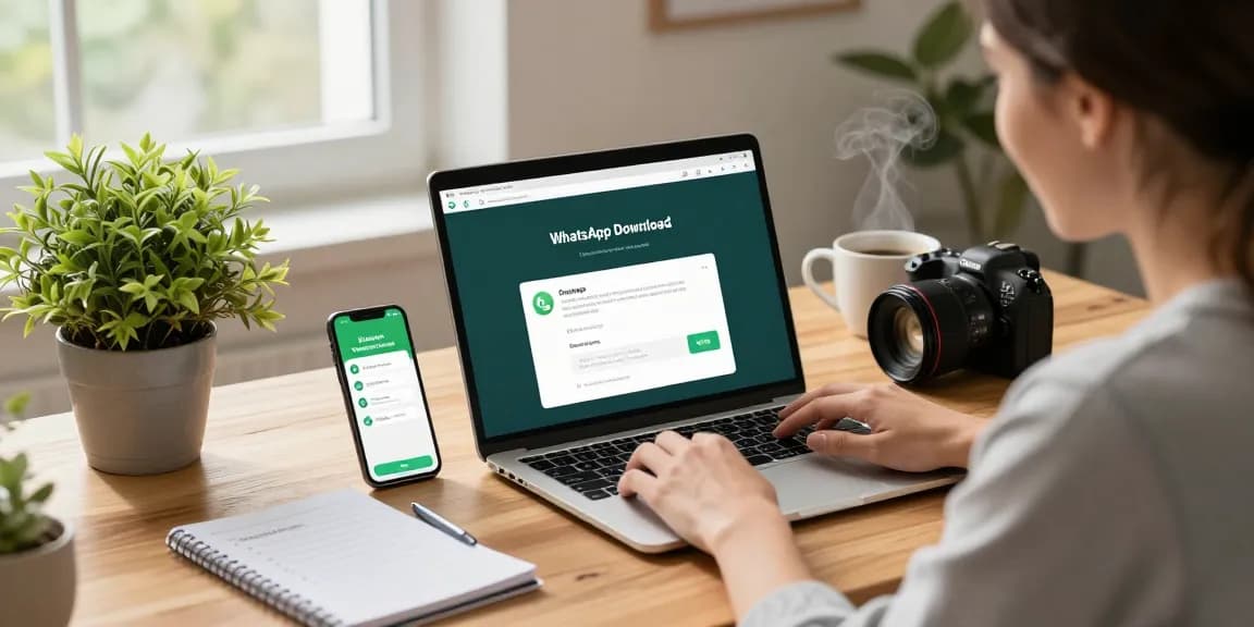 WhatsApp下載 page displayed on laptop in a cozy home office with a user engaging with technology.