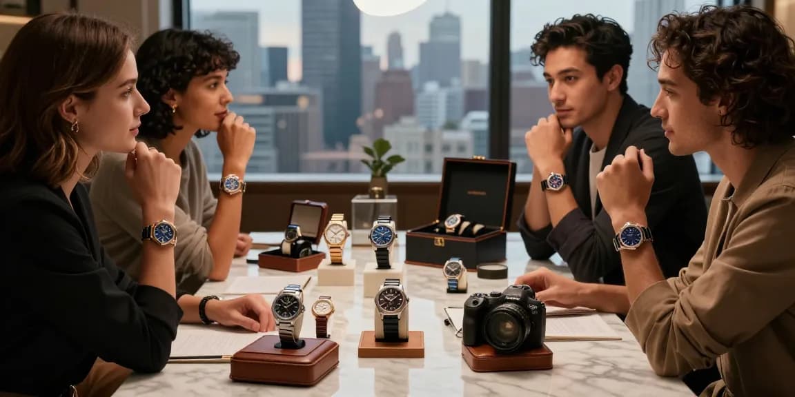 Showcasing super clone watches in an upscale setting with elegant accessories and a city view.