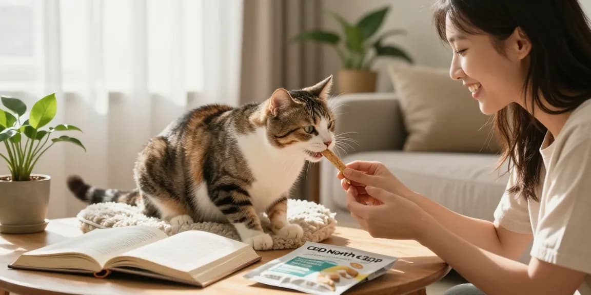 CBD North CBD Freeze-Dried Chicken Treats for happy cat in cozy living room.