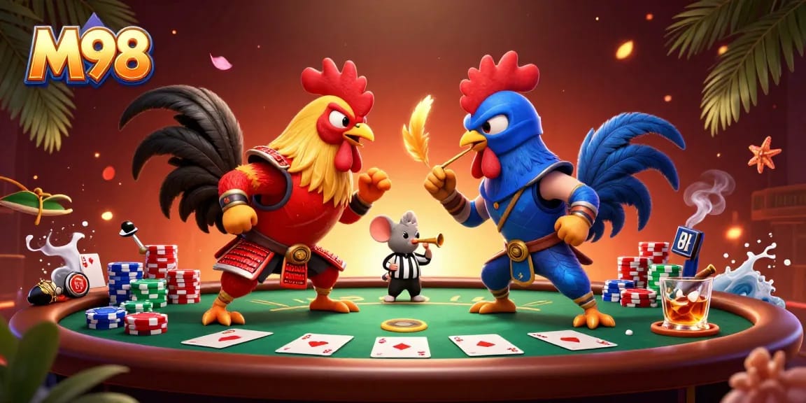 Engage in a thrilling M98 poker showdown with dynamic roosters in a dramatic standoff at a colorful casino.