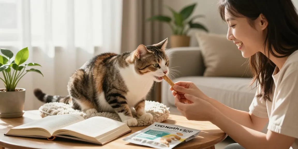 CBD North CBD Freeze-Dried Chicken Treats for happy cat in cozy living room.