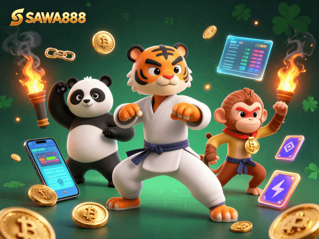 Engage with SAWA888's thrilling slots in a vibrant online casino scene featuring charismatic characters.