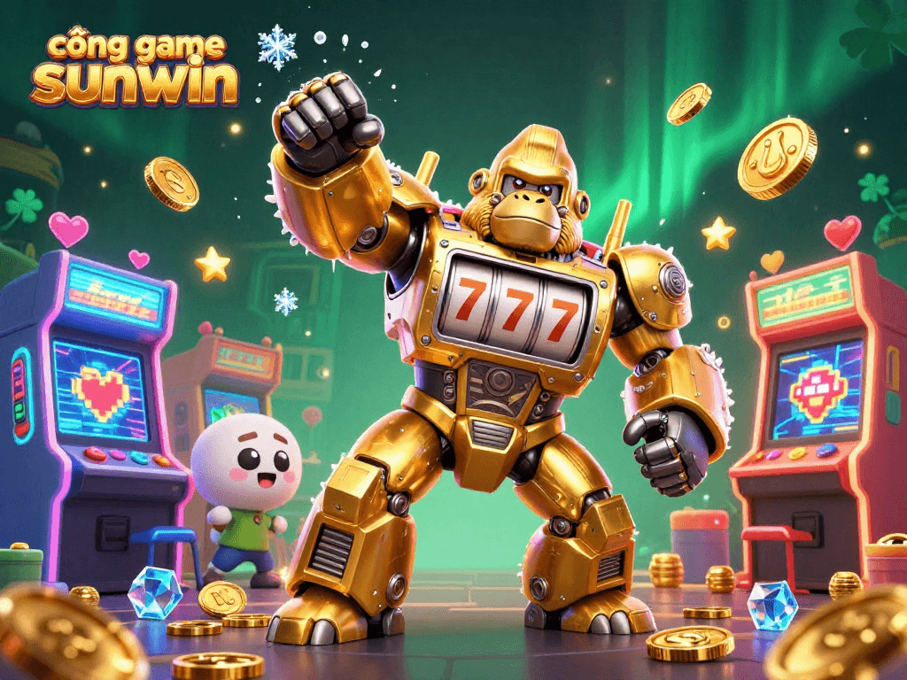 Experience the exciting cổng game sunwin with a vibrant 3D illustration featuring a golden gorilla mech!