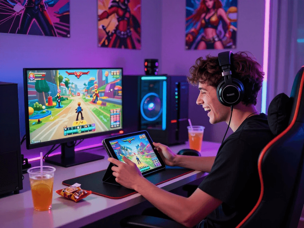 Enjoying mobile porn games in a vibrant gaming space with colorful LED lights.