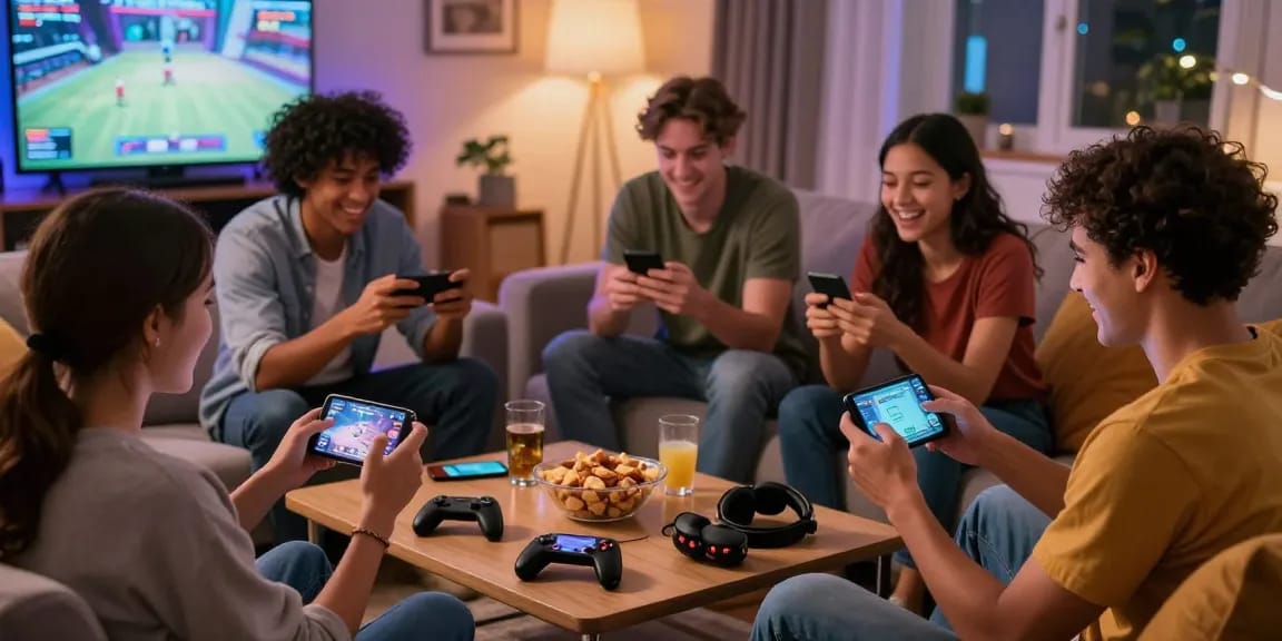 Excited group of friends enjoying mobile porn games in a cozy living room