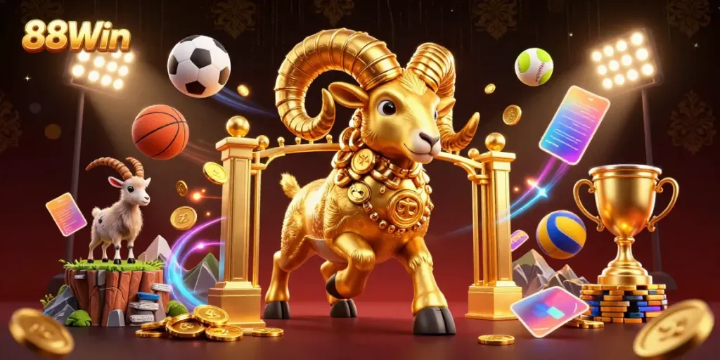 Experience thrilling gameplay at 88Win with a dynamic casino scene featuring vibrant sports elements and gold coins.