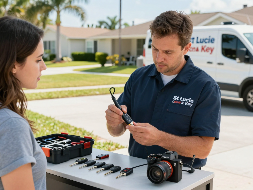 Key fob programming Port St. Lucie technician programming fob for customer's car in residential driveway.