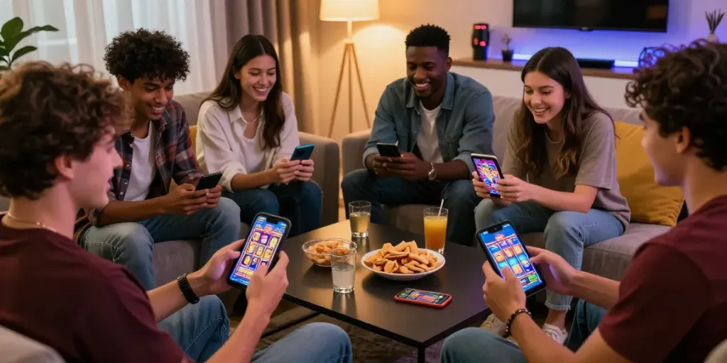 Group enjoying mobile slots not on GamStop casinos in a cozy setting.