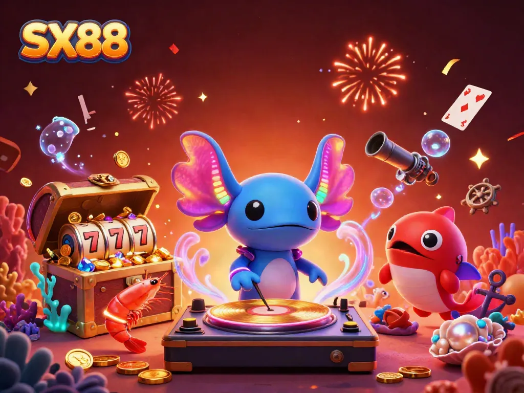 Experience the SX88 excitement with a neon axolotl DJ, enhancing the vibrant casino atmosphere with colorful slots and treasures.