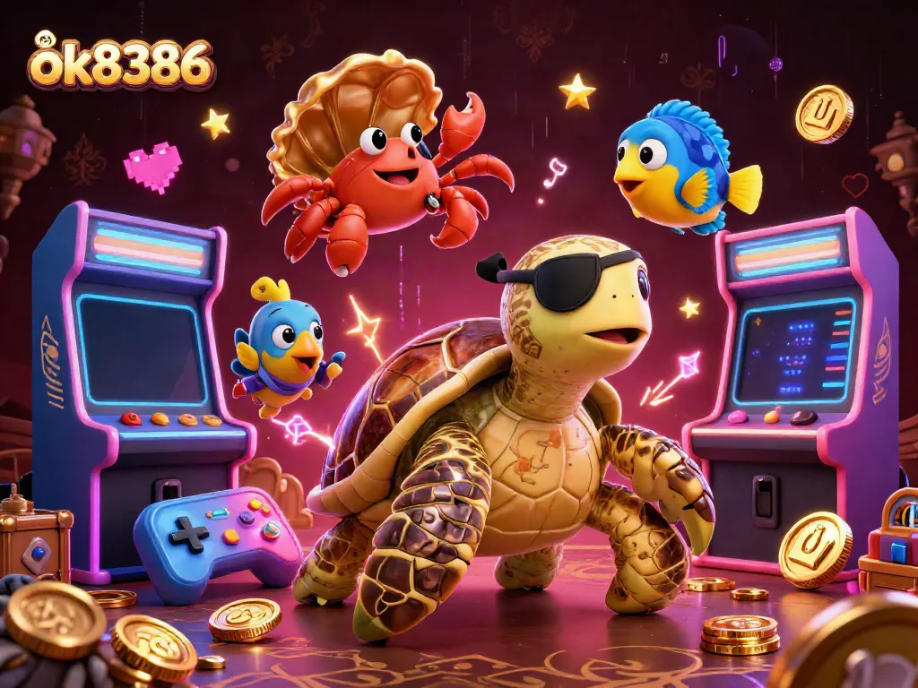 Experience the thrilling charm of ok8386 with a luxurious 3D pirate turtle and vibrant casino elements.