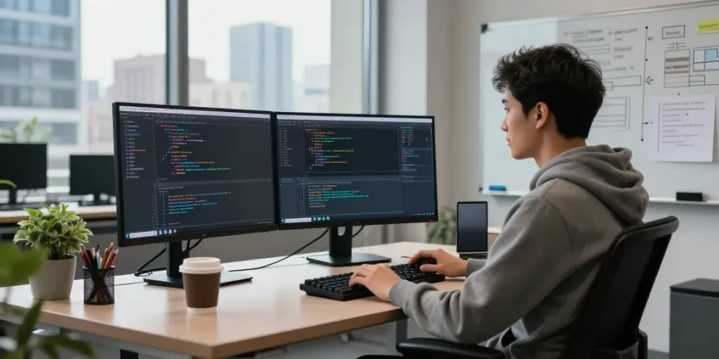 Developer coding with instant indexing tools in a modern tech workspace