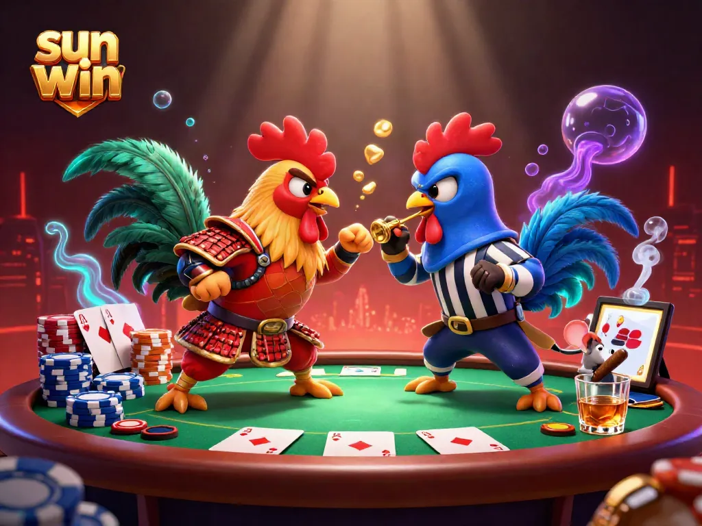 Engage in thrilling gameplay at sun win with dynamic roosters battling amid poker chips and cards.