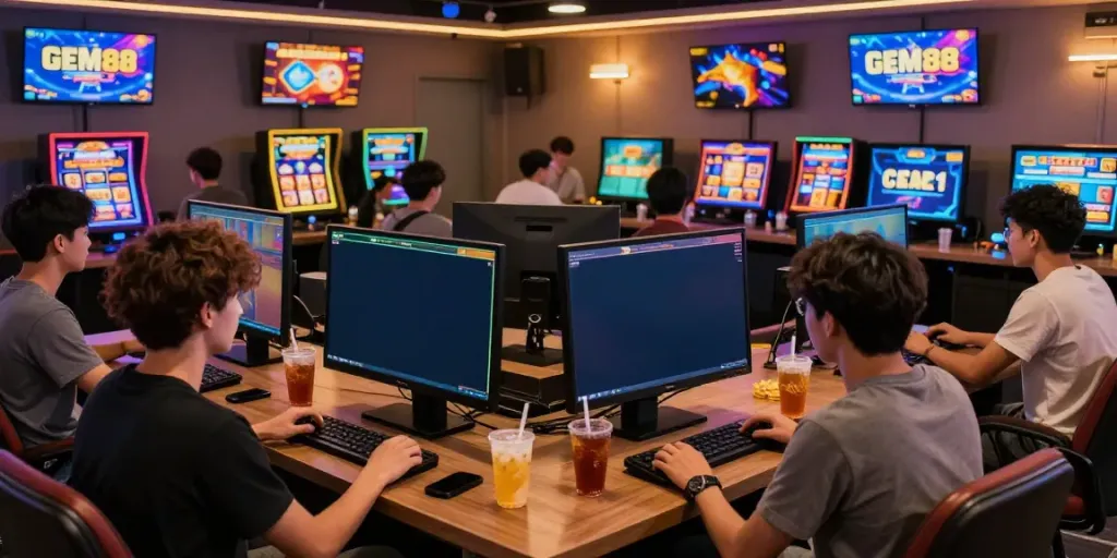 Exciting gaming atmosphere at GEM88 showcasing diverse players engaged in slots, sports betting, and fish shooting experiences.