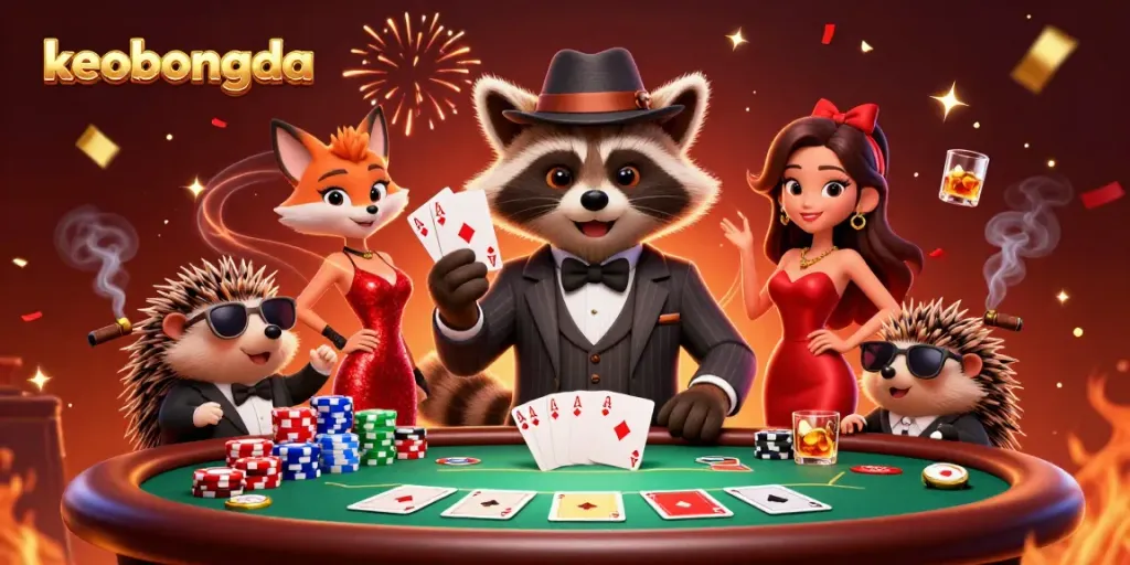 Keobongda engaging poker scene featuring a suave raccoon and charming fox celebrating a big win.
