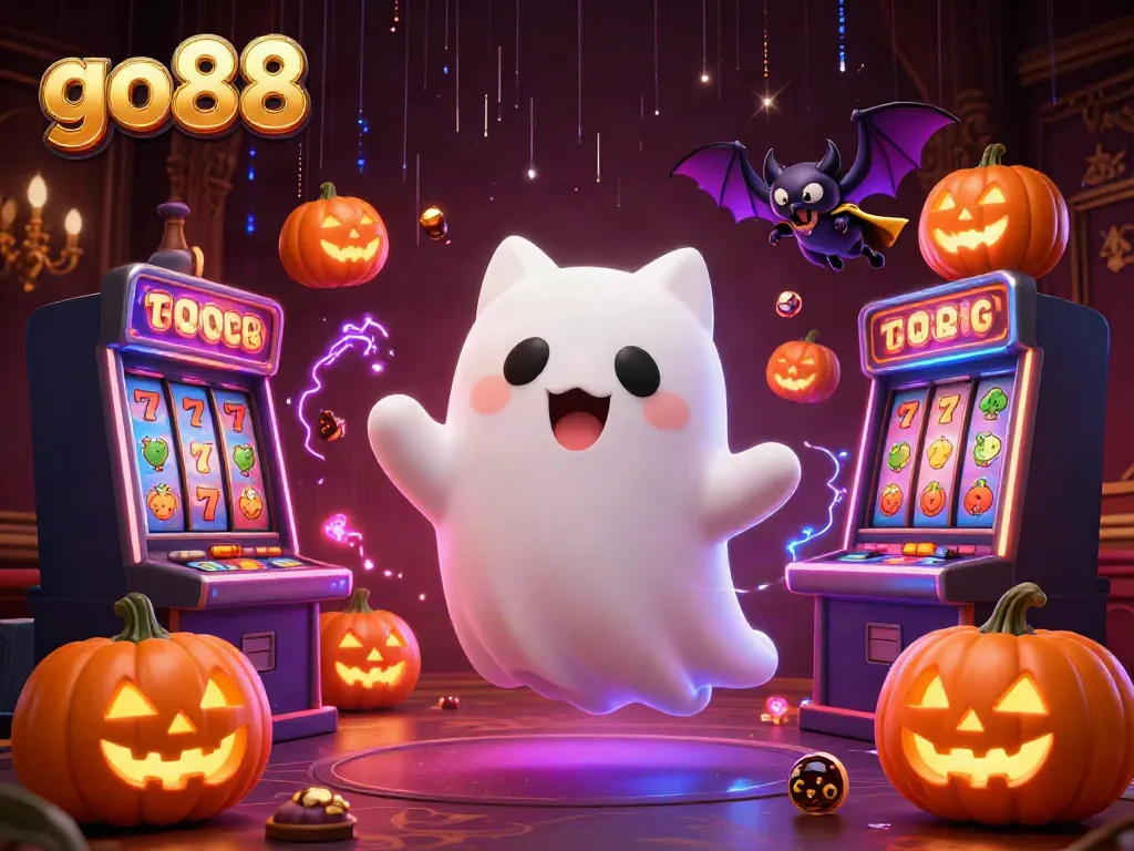 Experience the excitement of go88 with a friendly ghost cat in a haunted casino, full of vibrant slot games.