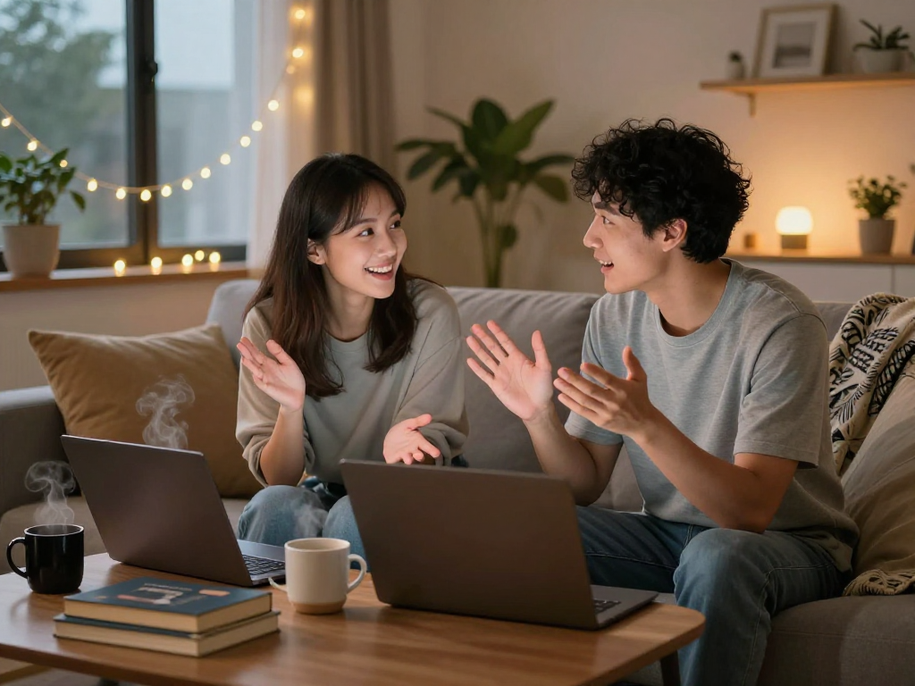 Engaging ai sex chat between two individuals in a cozy living room setting.