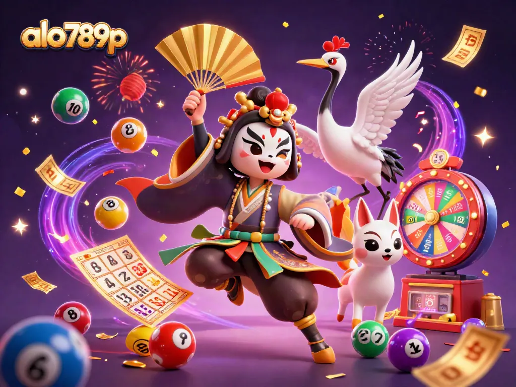Experience the magic of online gaming with alo789p as lottery balls and prizes flutter around lively characters.