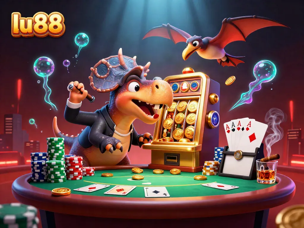 Experience the thrill at lu 88: Cartoon dinosaurs animatedly interacting at a dynamic casino scene.