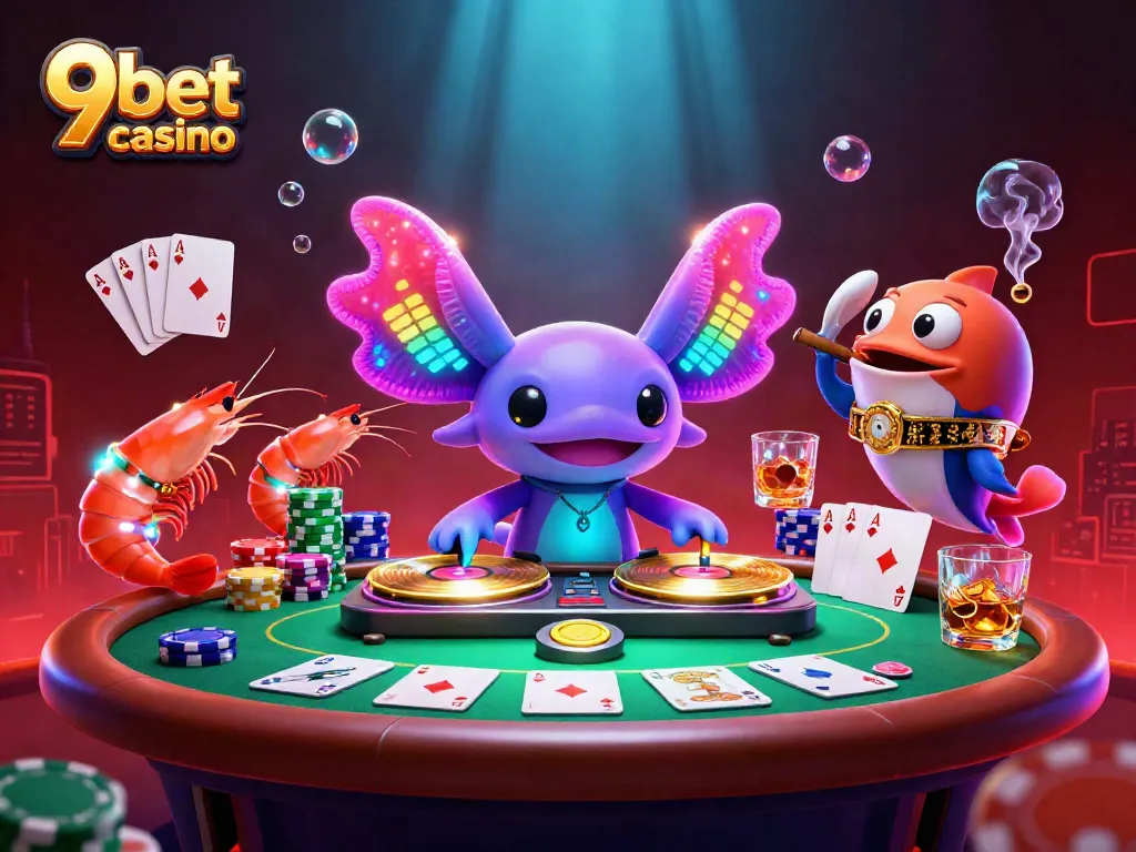 Experience the vibrant energy of 9bet casino with a lively underwater DJ scene featuring colorful characters and dynamic gaming elements.
