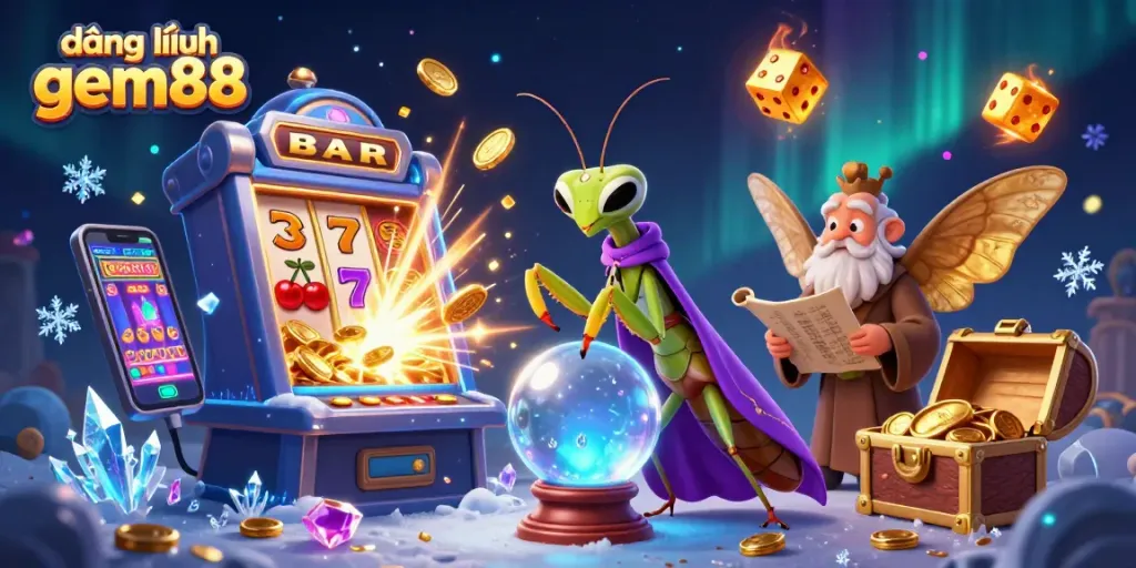 Engage in the vibrant action at đăng nhập gem88 with a mesmerizing 3D casino scene featuring fortune tellers and dynamic gaming elements.