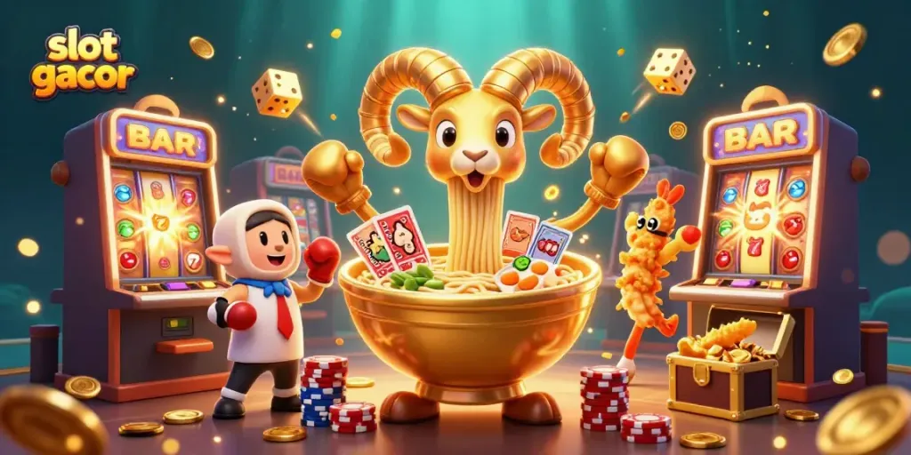 Experience the excitement of slot gacor with a vibrant 3D casino scene featuring dynamic characters.
