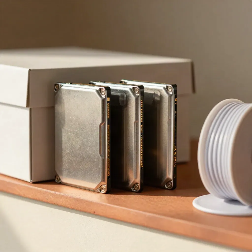 Macro still life of SSDs, archive box and cable spool on a terracotta surface.