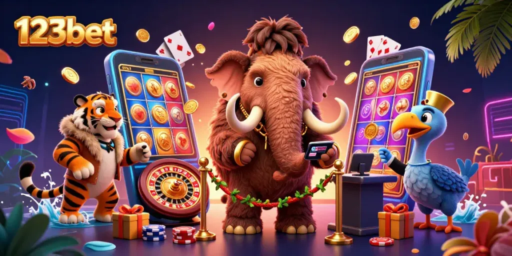 Experience thrilling games at 123bet with a vibrant illustration featuring dynamic casino elements.