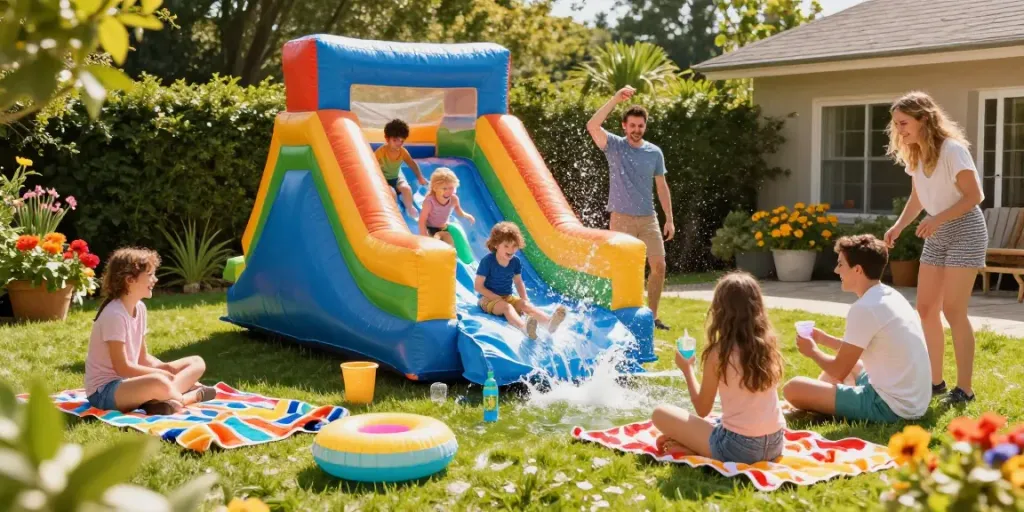 Excited children enjoying a water slide in a sunny backyard, creating joyful summer memories.