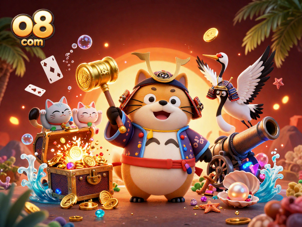 Bet big with o8 com at a vibrant 3D online casino illustration featuring lucky characters and treasures.