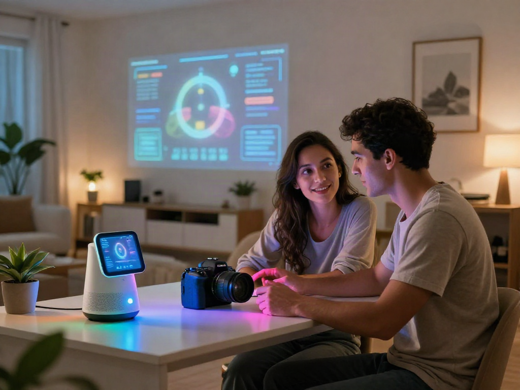 Cozy couple enjoying AI-driven intimacy in a modern tech setting with smart home devices enhancing their relationship.