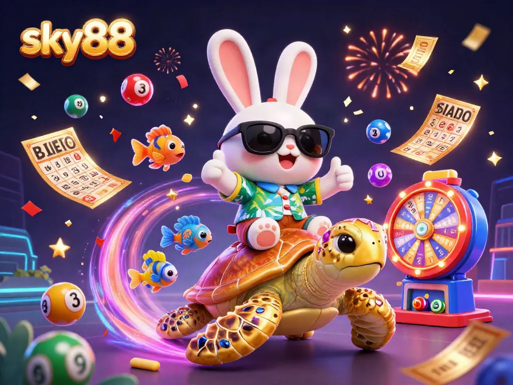 Engage with sky88's exciting lottery scene featuring dynamic colorful balls and a lucky rabbit.