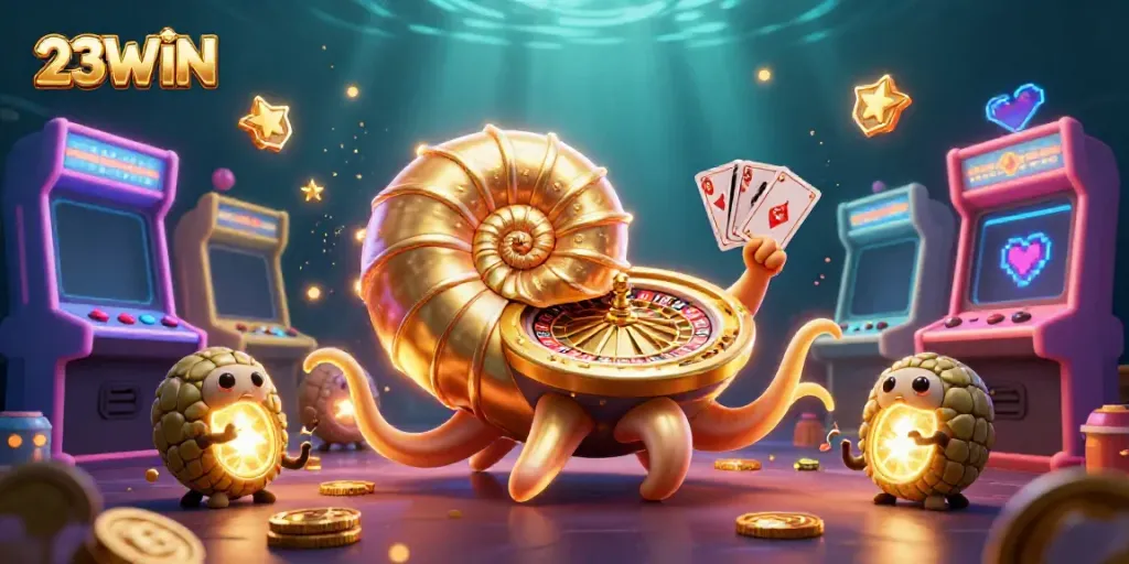 Experience the thrill of 23WIN with a vibrant casino scene featuring a giant nautilus roulette wheel.