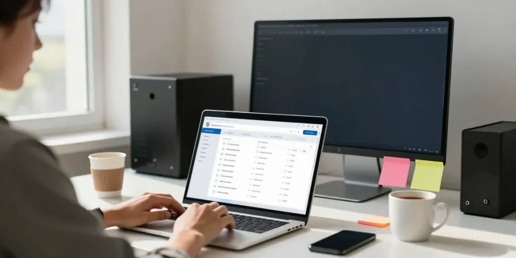 Buy domain without hosting in a modern workspace with a person browsing domain options on a laptop.