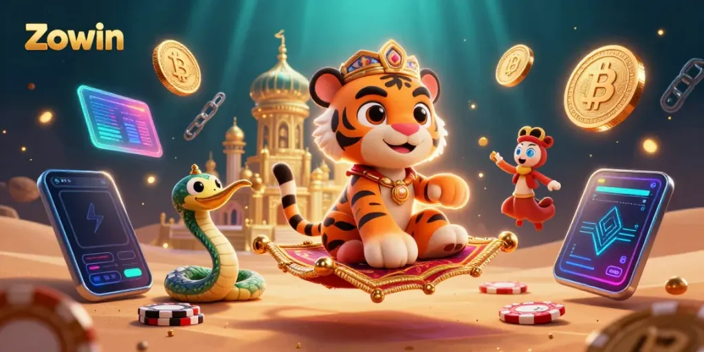 Zowin presents a magical casino experience with a vibrant 3D scene of animated characters and glowing crypto elements.