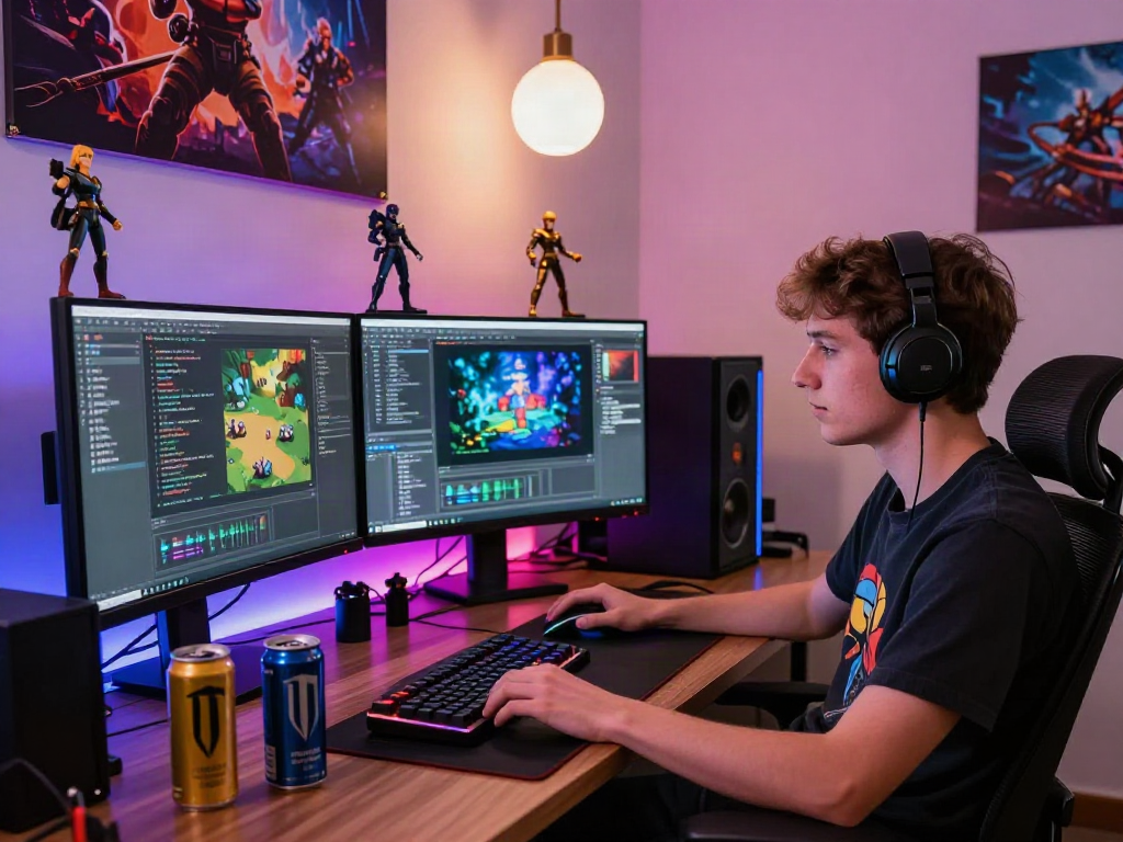 A vibrant HTML porn game development scene showcasing a young programmer coding at a dual-monitor setup, surrounded by gaming assets and energy drinks.