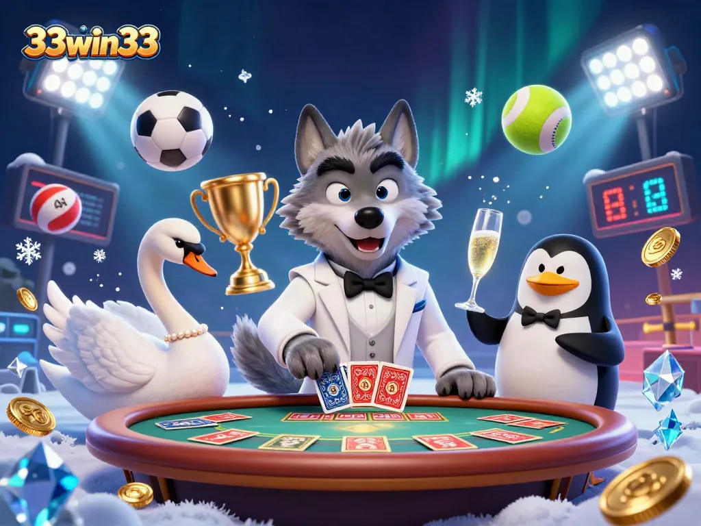 Engage with 33win33's vibrant casino experience, featuring a debonair wolf, swan dealer, and penguin sommelier.