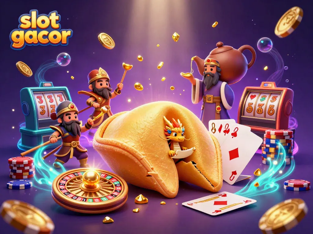Experience slot gacor excitement with a vibrant 3D illustration of fortune cookies, dragons, and golden treasures.