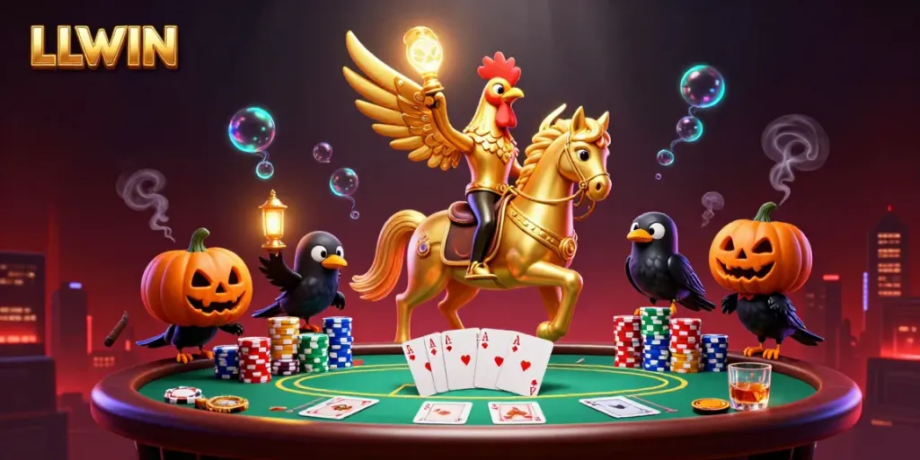 LLWIN casino scene featuring a golden rooster and spectral horse surrounded by vibrant poker elements and rich details.