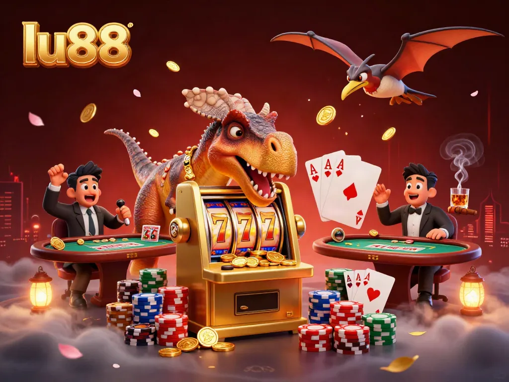 Join lu88 as a cartoon pachycephalosaurus plays jackpot slots while a casino manager reacts and coins fly around.