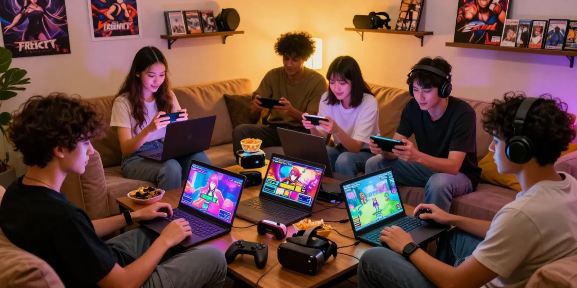 Group enjoying html ecchi games on mobile devices in a cozy lounge.