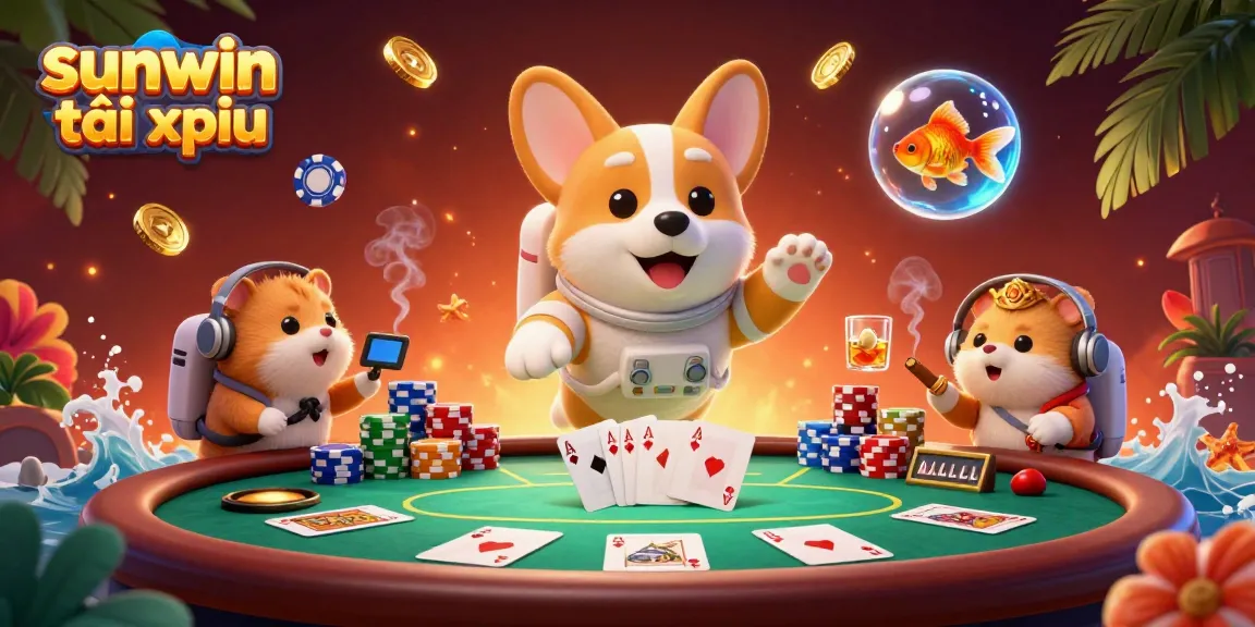 Engage with sunwin tài xỉu as a playful corgi astronaut floats amidst casino coins and poker chips.