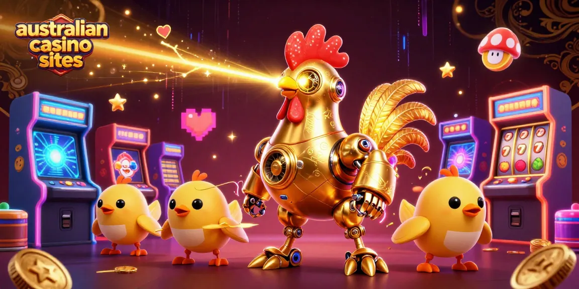 Engage with australian casino sites showcasing a retro-futuristic golden rooster robot in a vibrant gaming scene.