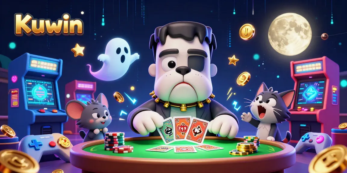Kuwin's engaging casino experience featuring a lively 3D monster dealing cards amidst vibrant gaming elements.