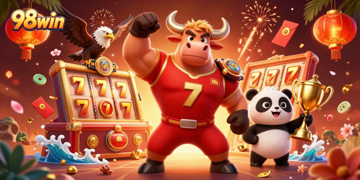 Celebrate wins at 98win with a dynamic scene of a bull mascot, eagle, and panda amidst exciting casino elements.