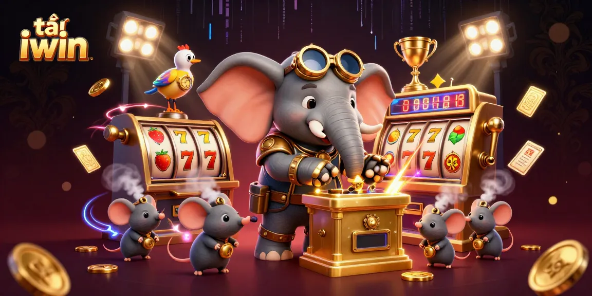 Play tải iwin at a vibrant steampunk casino with golden slot machines and lively characters.