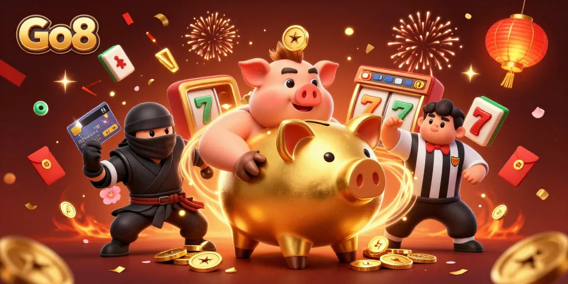 Engage with Go8's thrilling jackpot scene featuring a golden piggy bank sumo wrestler surrounded by dynamic gameplay elements.