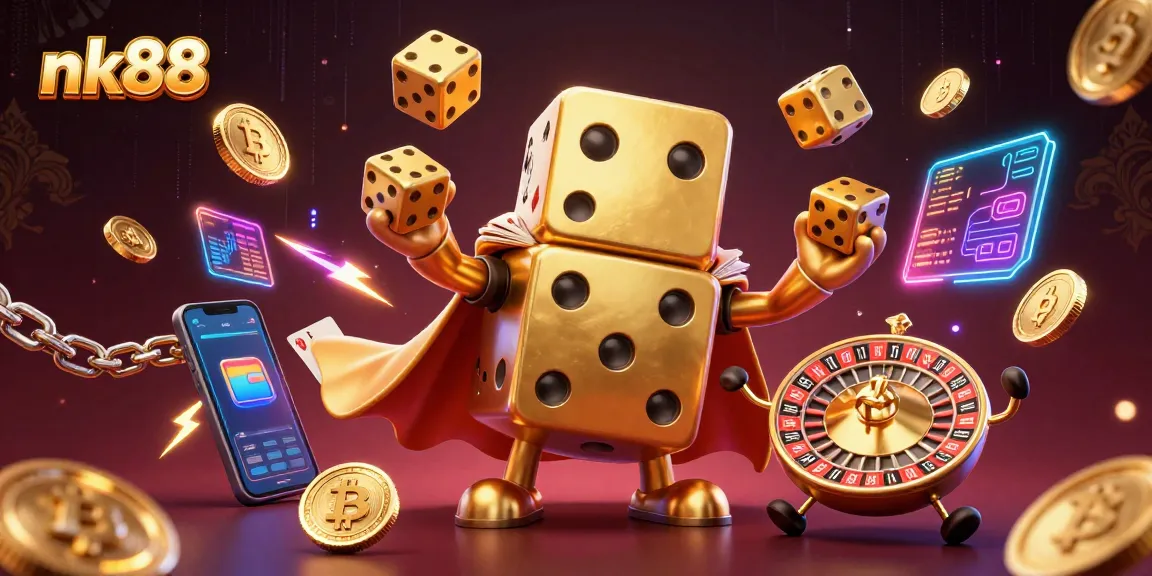 Engage with nk88's dynamic casino scene featuring golden dice and vibrant crypto elements.