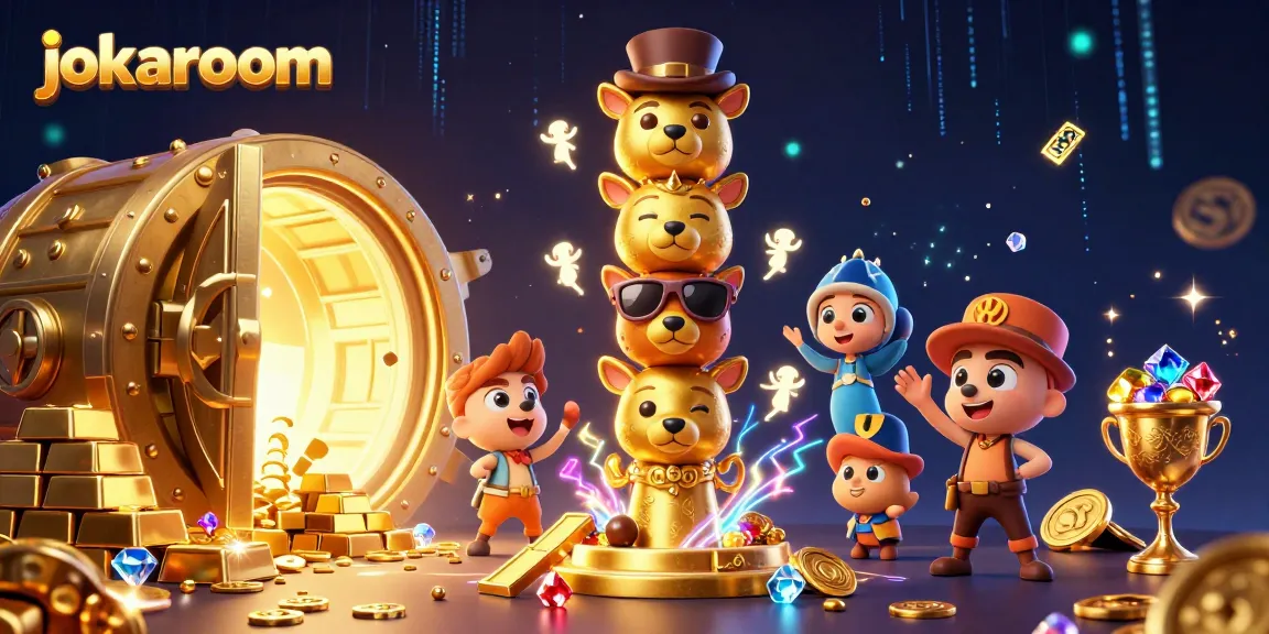 jokaroom showcases a vibrant 3D scene filled with golden treasures, slot elements, and a mystical totem pole.