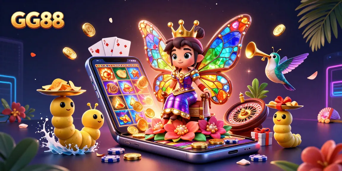 Experience GG88's vibrant online gaming world with colorful casino elements and dynamic characters.